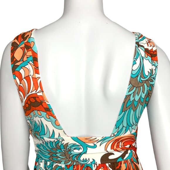MILLY Multi Color Deep V Stretch Knit Mini Sundress with Wood Ring Detail - Picture 3 of 6